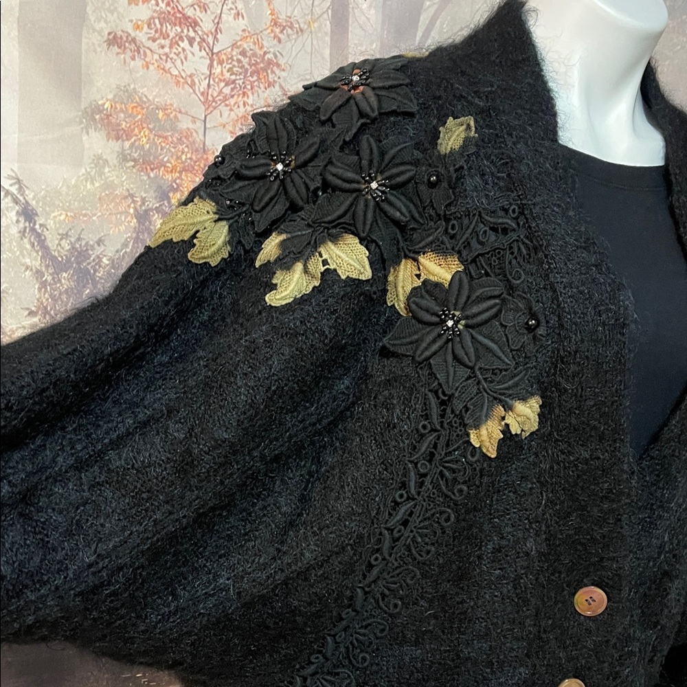 Vintage Rose Song Lined Wool Appliqué Jacket Sweater – Black Floral Beaded - Picture 3 of 17